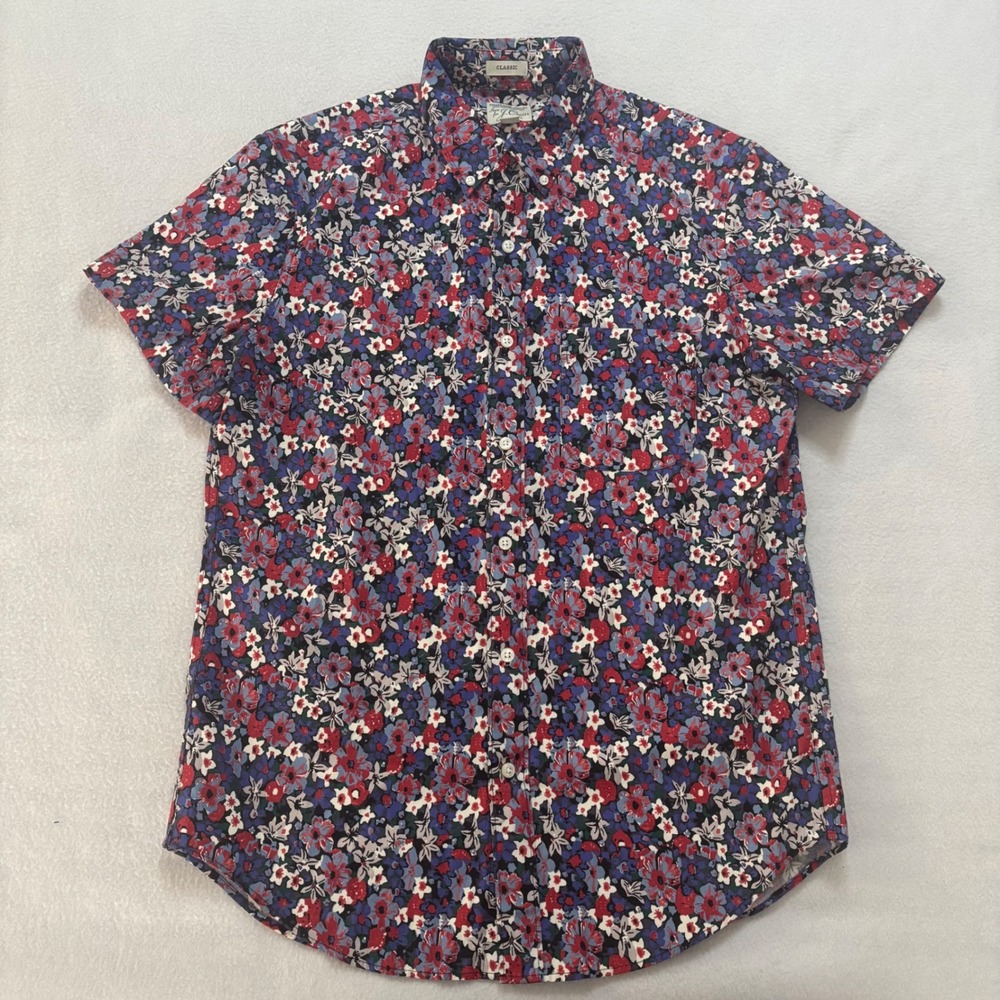 J.Crew Mens Secret Wash Stretch Floral Short Sleeve Button Down Shirt Small Red